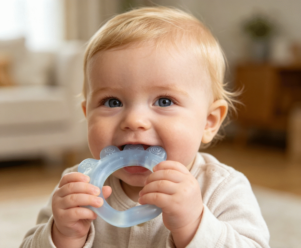 Baby holding bear paw silicone teether designed for easy grip