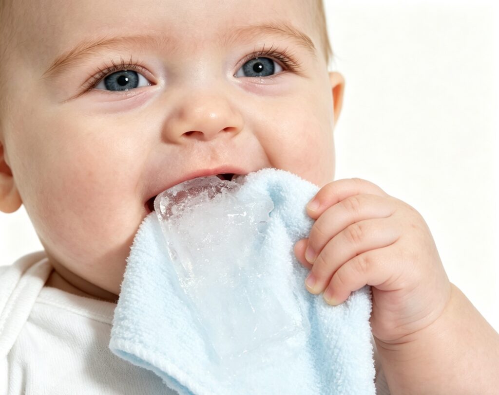 baby chewing cold washcloth for teething relief