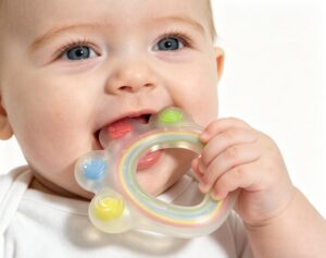baby using silicone teether for natural teething relief
