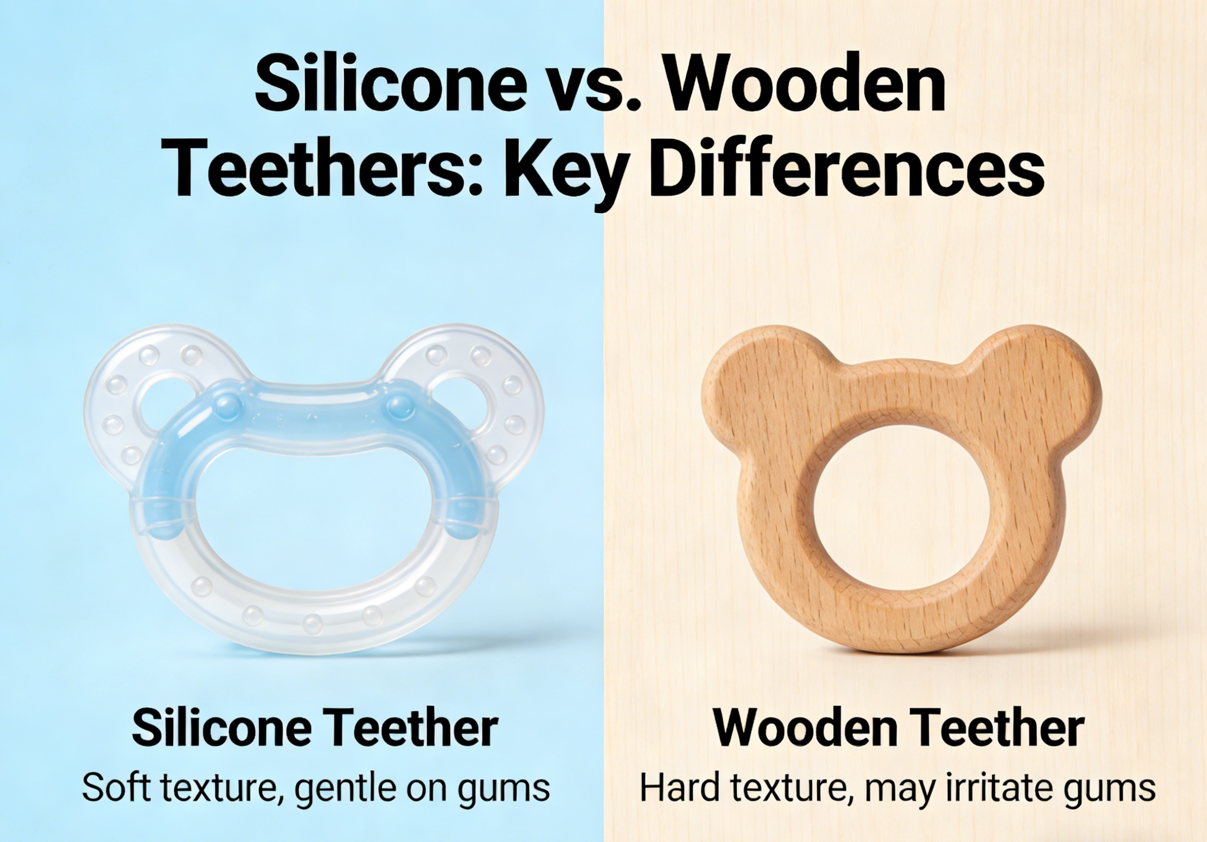 silicone vs wooden teether comparison texture