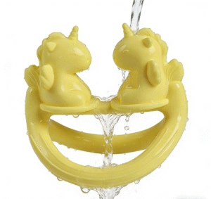 Cleaning bear paw silicone baby teether with warm soapy water